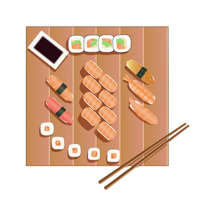 Conjunto de sushi, rollos, comida asiática, comida china, pescado, ilustración vectorial