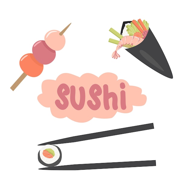 Conjunto de sushi rollos de cono en brochetas palos de sushi conjunto vectorial en estilo de dibujos animados lindo