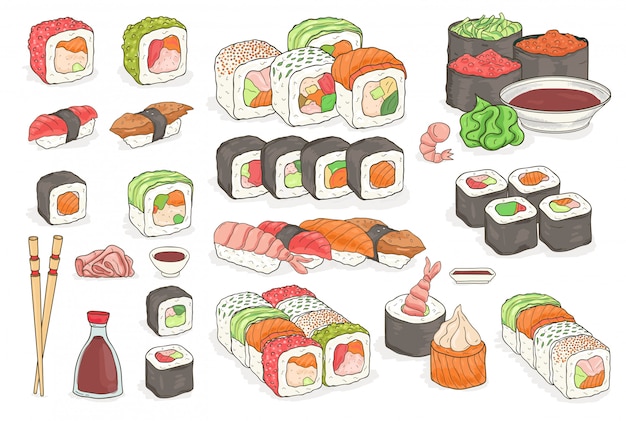 Conjunto de sushi, rollos, wasabi, salsa de soja, jengibre, palillos. platos tradicionales japoneses de mariscos. elementos dibujados a mano, colección de ilustración colorida.