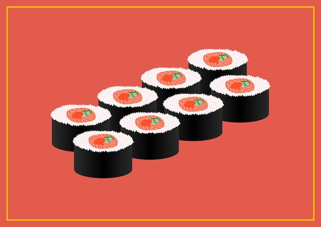 Conjunto de sushi sobre fondo rojo.