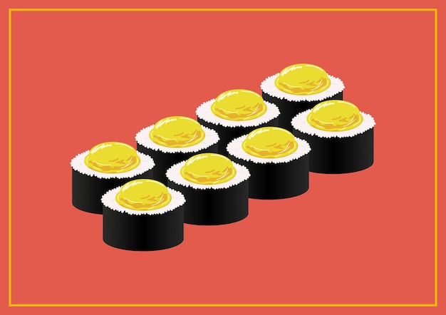 Conjunto de sushi sobre fondo rojo.