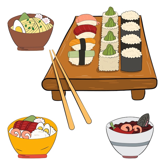 Un conjunto de sushi en un tablero y fideos ramen ilustración vectorial sobre un fondo blanco.