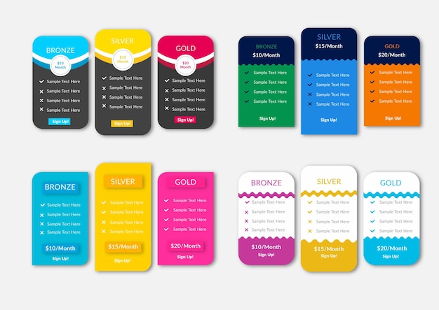 Conjunto de tabla de precios vectoriales en plantilla de estilo de diseño plano para sitios web
