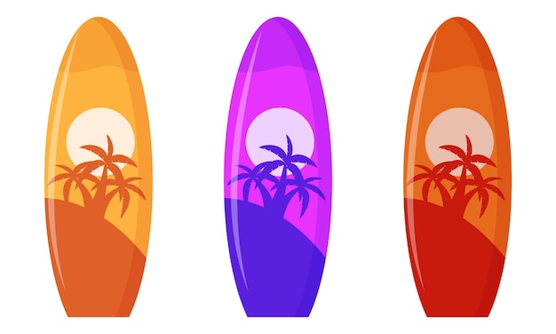 Conjunto de tabla de surf con diseño de palmera vector