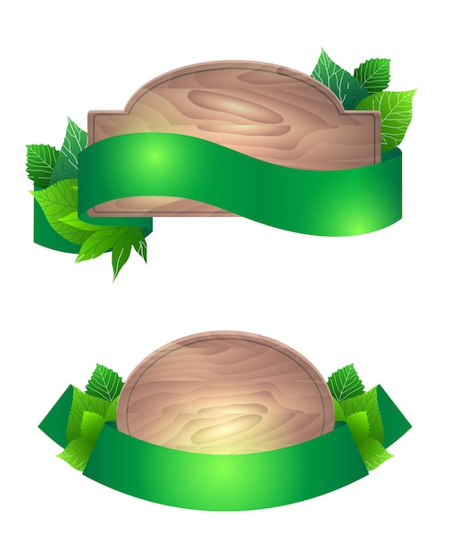 Conjunto de tablas de madera con cintas verdes y hojas Vector eleme