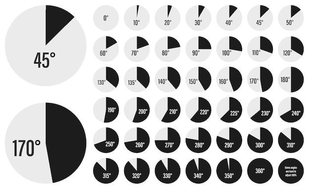 Conjunto de tablas de medición de ángulos para una colección infográfica de diagramas circulares en gris negro