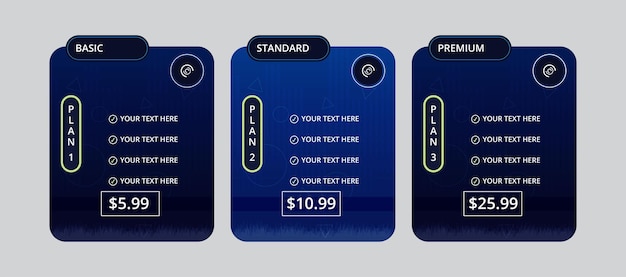Conjunto de tablas de precios vectoriales para sitios web y aplicaciones