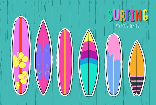 Vector conjunto de tablas de surf aislado en madera turquesa