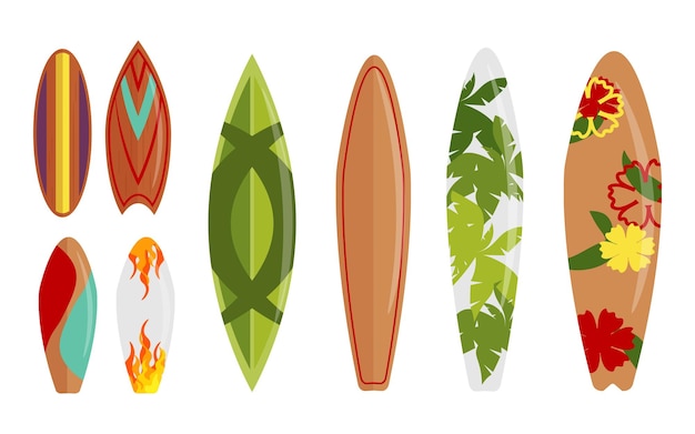 Conjunto de tablas de surf en estilo de dibujos animados Ilustración vectorial de tables de surf con patrones flores de fuego hojas de palma líneas aisladas en fondo blanco Una tabla de surf para surfear las olas Ocio activo