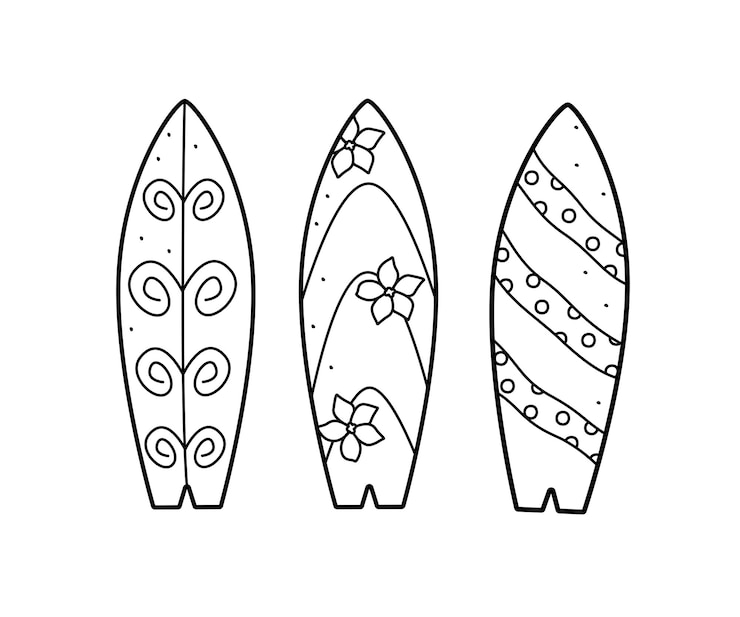 Conjunto de tablas de surf icono de garabateo Ilustración vectorial de un contorno de tabla de surf de dibujos animados aislado en blanco