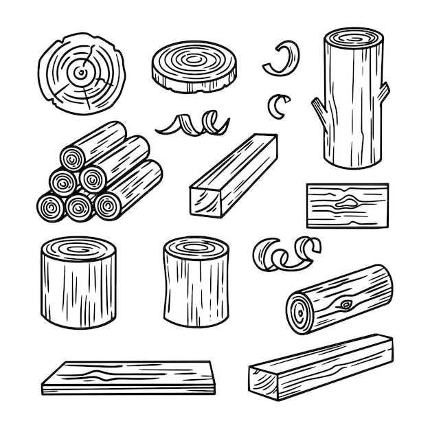 Conjunto de tablas y troncos Conjunto del tronco de leña Cortes de tabla de troncos de leña Piezas de madera Material