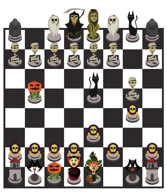 Vector conjunto de tablero de ajedrez y personaje de halloween