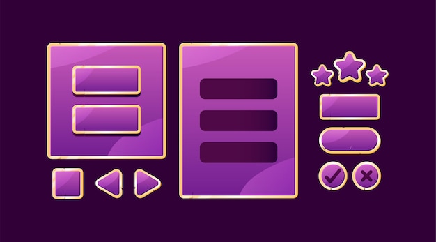Conjunto de tablero de interfaz de usuario de juego púrpura dorado emergente y botón para elementos de activos de interfaz gráfica de usuario