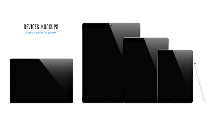 Vector conjunto de tabletas de color negro con protector de pantalla negro aislado sobre fondo blanco. maqueta de dispositivo realista y detallado