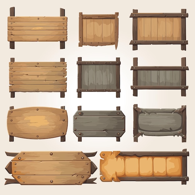 Conjunto de tabletas de madera paneles texturizados cartel en estilo de dibujos animados ilustración vectorial tabla rústica con lugar