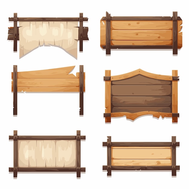 Conjunto de tabletas de madera paneles texturizados cartel en estilo de dibujos animados ilustración vectorial tabla rústica con lugar