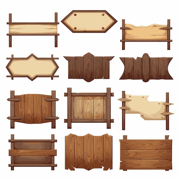 Conjunto de tabletas de madera paneles texturizados cartel en estilo de dibujos animados ilustración vectorial tablero rústico
