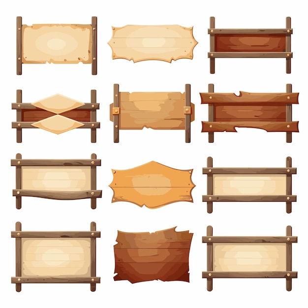 Conjunto de tabletas de madera paneles texturizados cartel en estilo de dibujos animados ilustración vectorial tablero rústico