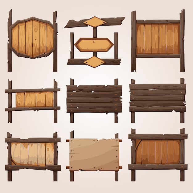 Conjunto de tabletas de madera paneles texturizados cartel en estilo de dibujos animados ilustración vectorial tablero rústico