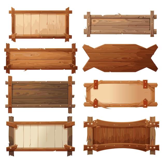 Conjunto de tabletas de madera paneles texturizados cartel en estilo de dibujos animados ilustración vectorial tablero rústico