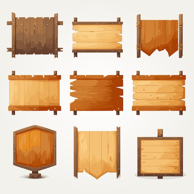Conjunto de tabletas de madera paneles texturizados cartel en estilo de dibujos animados ilustración vectorial tablero rústico