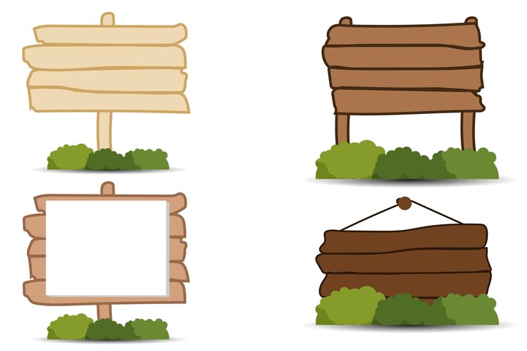 Conjunto de tabletas de madera que cuelgan letreros texturizados con valla de puntero con clavos al estilo de las caricaturas