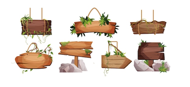 Conjunto de tablones de madera vacíos colgando de cuerdas con ramas de liana en estilo de dibujos animados