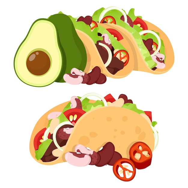 Conjunto de tacos mexicanos con aguacate y chiles en primer plano