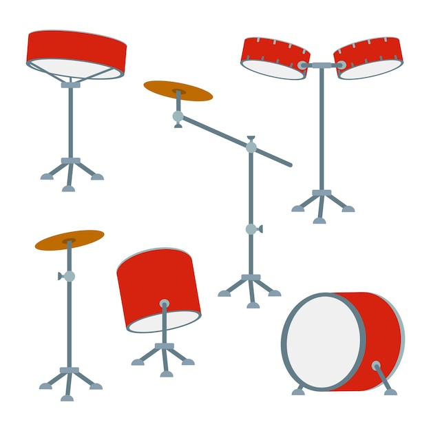 Vector conjunto de tambores instrumentos de percusión vectoriales en estilo plano varios equipos de ritmo orquestal clásico para conciertos elemento de diseño gráfico de dibujos animados paquete de pegatinas de logotipo aislado en ilustración blanca