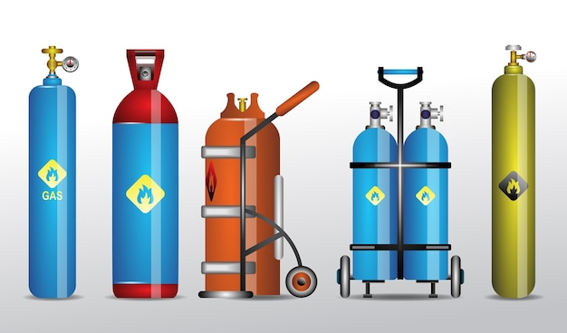 conjunto de tanque de oxígeno de almacenamiento de gas y combustible. contenedores de cilindros de gas de diferentes tipos.