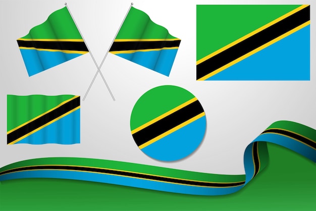 conjunto, de, tanzania, banderas, en, diferente, diseños, icono, desollar, banderas, con, cinta, con, plano de fondo