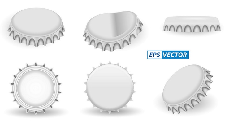 Vector conjunto de tapas de botella de corona realistas tapa metálica de aluminio aislado o tapa de botella de limonada de cerveza