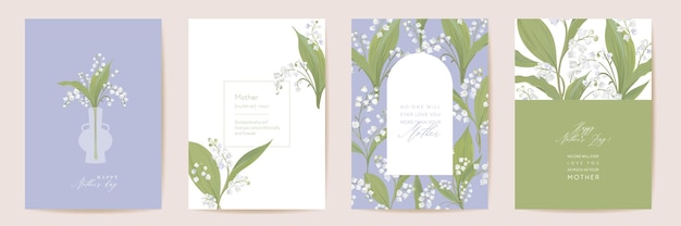 Conjunto de tarjeta de acuarela del día de la madre. Diseño de postal mínima de mamá de saludo. Plantilla de flores de lirio blanco de vector. Tipografía de ramo de flores de primavera. Folleto moderno de mujer