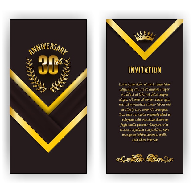 Conjunto de tarjeta de aniversario, invitación con corona de laurel, número. emblema decorativo de oro del jubileo sobre fondo negro. elemento de filigrana, marco, borde, icono, logotipo para web, diseño de página en estilo vintage