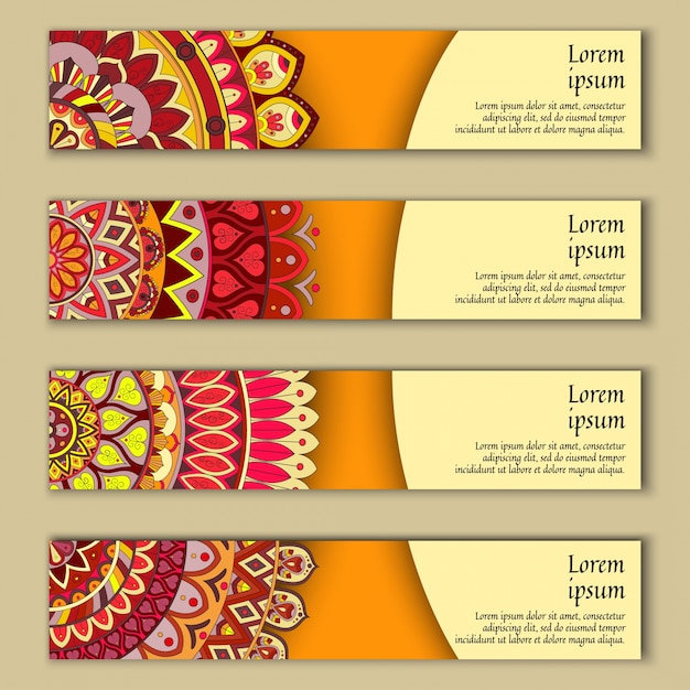 Vector conjunto de tarjeta de la bandera con el fondo decorativo colorido floral elementos de la mandala.