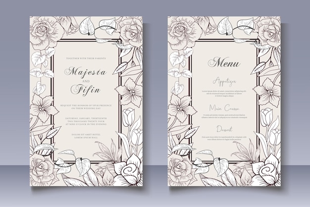 Vector conjunto de tarjeta de boda floral con dibujo a mano vintage