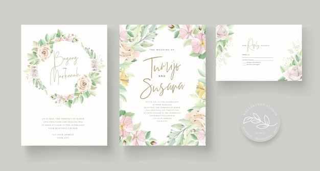 Conjunto de tarjeta de boda floral verde suave