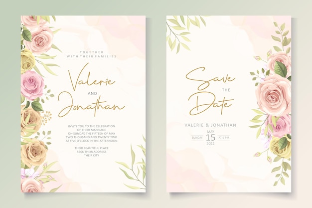 Conjunto de tarjeta de boda minimalista con decoración floral