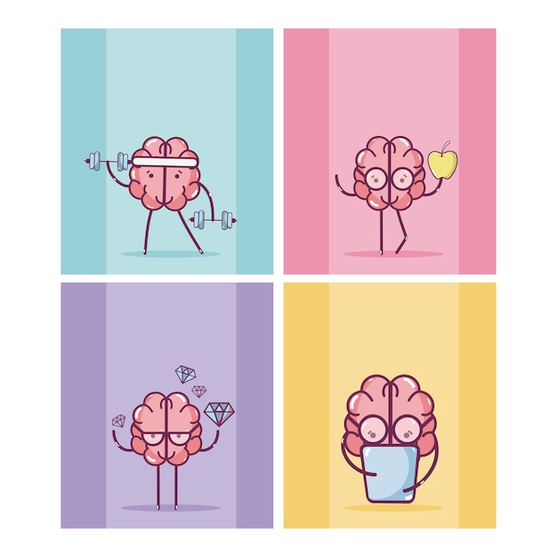 Vector conjunto de tarjeta de caricaturas del cerebro