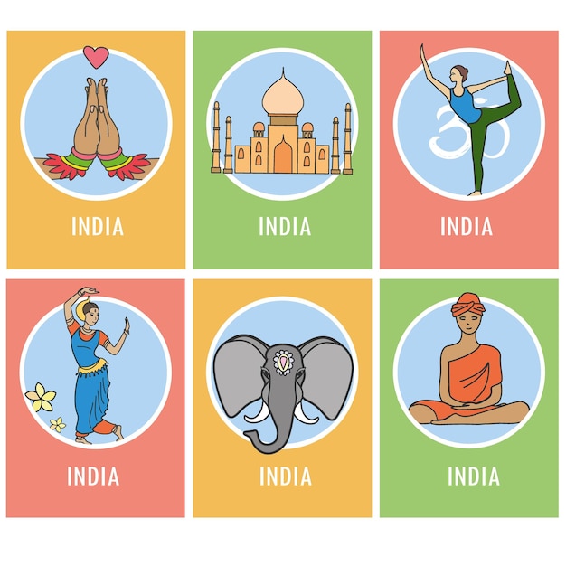 Conjunto de tarjeta de dibujos animados de india o iconos ilustración vectorial