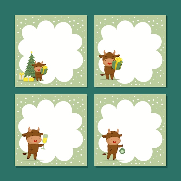 Conjunto de tarjeta de felicitación con lindos toros de navidad.