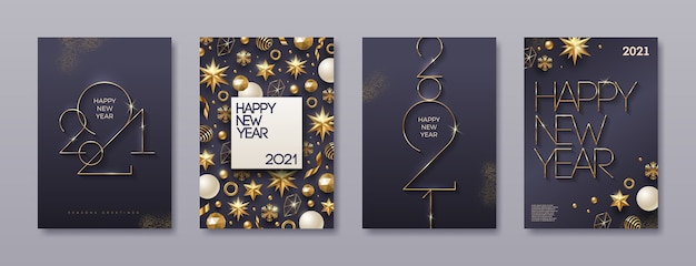 Conjunto de tarjeta de felicitación con logo dorado de año nuevo. Fondo con decoración navideña.