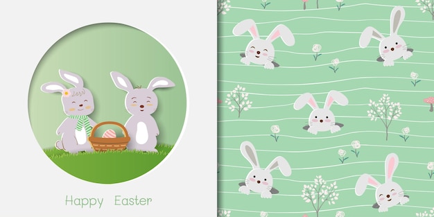 Conjunto de tarjeta de felicitación de Pascua con lindos conejos y patrones sin fisuras sobre fondo ondulado