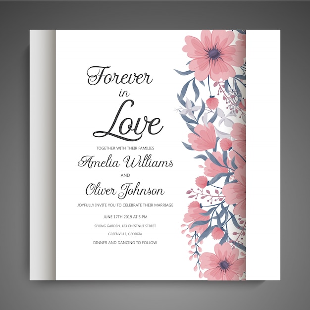 Conjunto de tarjeta con flor rosa, hojas. Concepto de adorno de boda. Cartel floral, invitar.