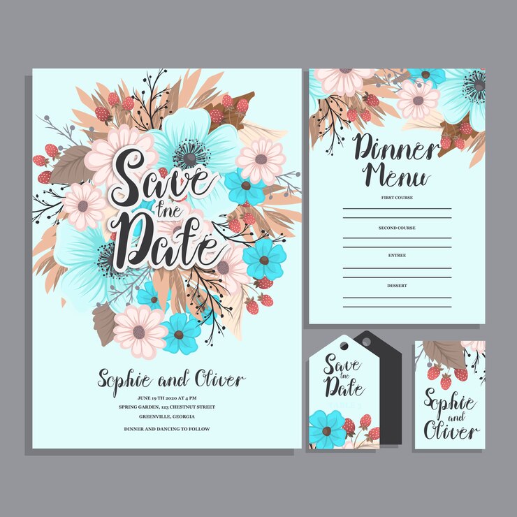 Vector conjunto de tarjeta con flor rosa, hojas. concepto de adorno de boda.