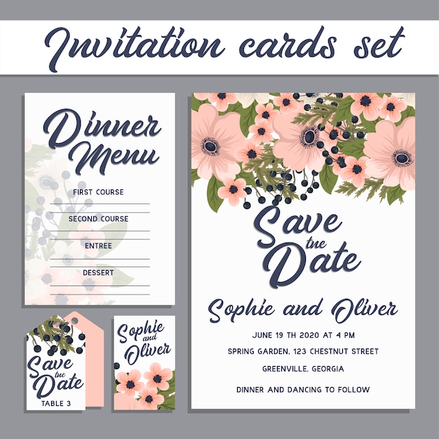 Conjunto de tarjeta con flor rosa, hojas. Concepto de adorno de boda.