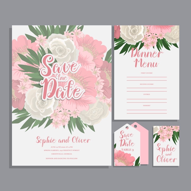 Conjunto de tarjeta con flor rosa,