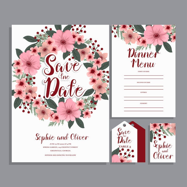 Conjunto de tarjeta con flor rosa,