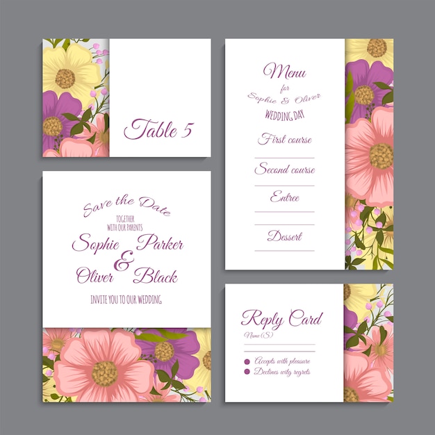 Conjunto de tarjeta con flores, hojas. concepto de adorno de boda.