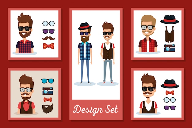 Vector conjunto de tarjeta de hombres hipster